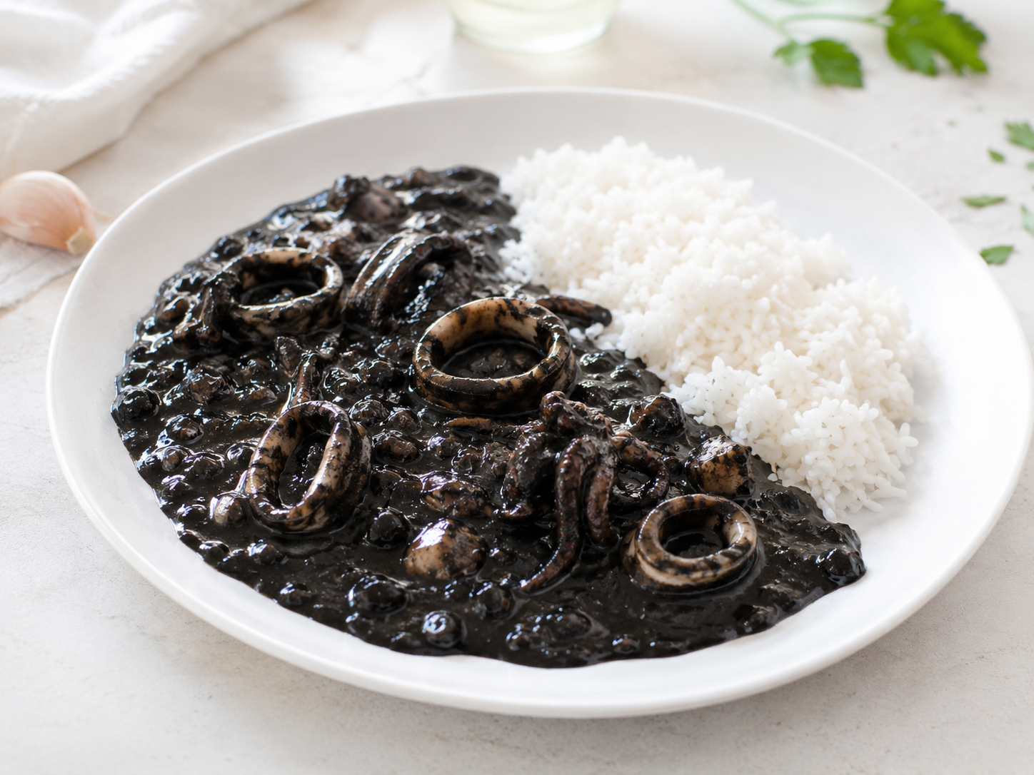 Calamares en su tinta con arroz de guarnición