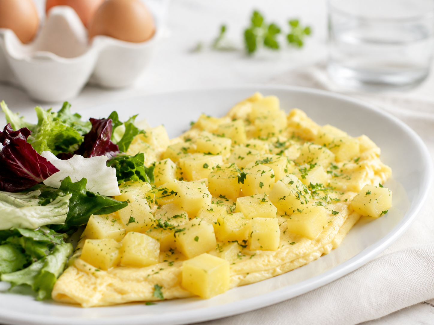 Tortilla francesa con patatas al vapor y ensalada