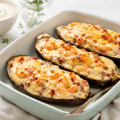 Berenjenas rellenas de jamón y gambas