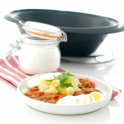 Pisto con patatas y huevos en el Varoma de Thermomix ®