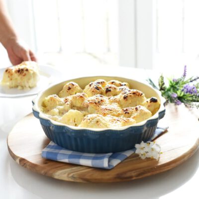 Coliflor gratinada con bechamel y bacon, deliciosa