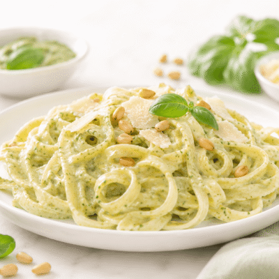 Tagliatelle con salsa pesto y salsa tres quesos