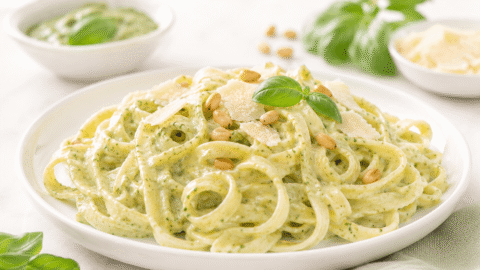 Tagliatelle con salsa pesto y salsa tres quesos
