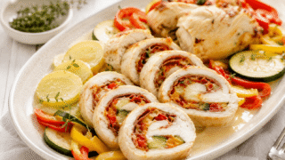 Pechugas de pollo rellenas de jamón, verduras y patatas