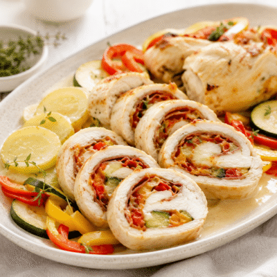 Pechugas de pollo rellenas de jamón, verduras y patatas
