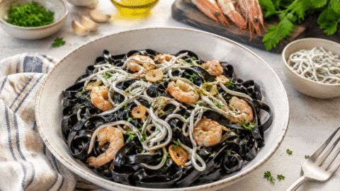 Tagliatelle al nero di sepia con gambas y gulas