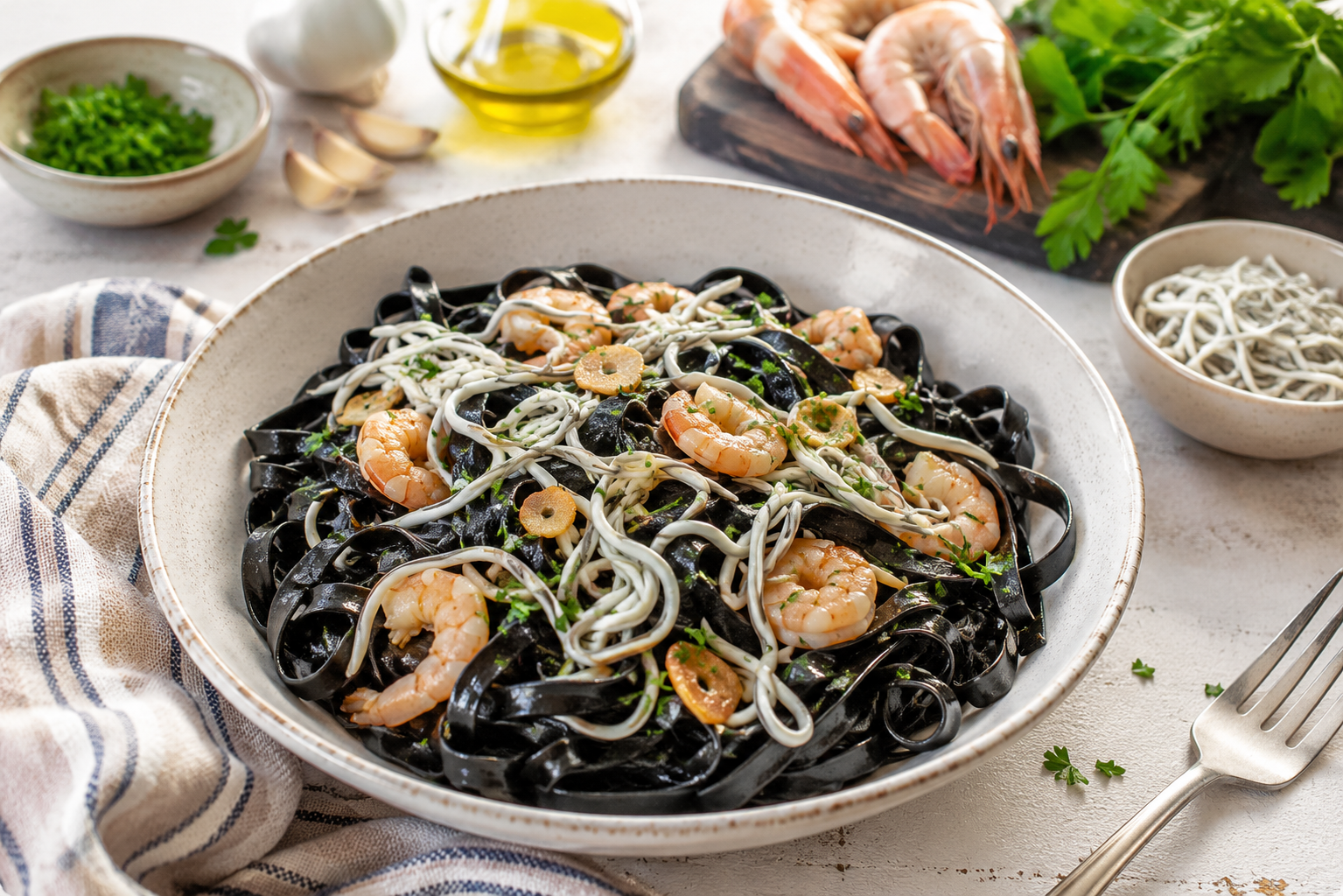 Tagliatelle al nero di sepia con gambas y gulas