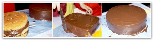 Aplicando ganaché de chocolate en una tarta Aplicando ganaché de chocolate en una tarta