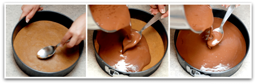 Base de galleta lista, solo queda verter la cuajada de chocolate Base de galleta lista, solo queda verter la cuajada de chocolate