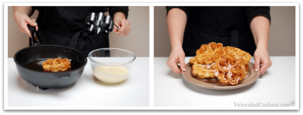 Termina de freír, pasa a un plato y cubre con azúcar glass o canela Termina de freír, pasa a un plato y cubre con azúcar glass o canela