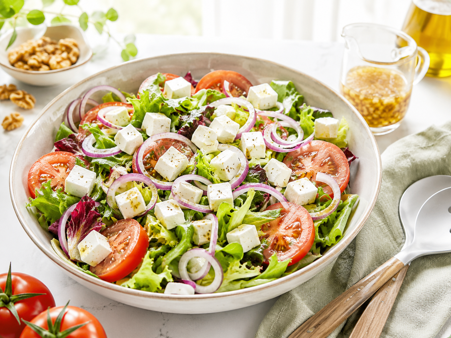 Ensalada fácil y rápida con lechugas variadas y queso fresco