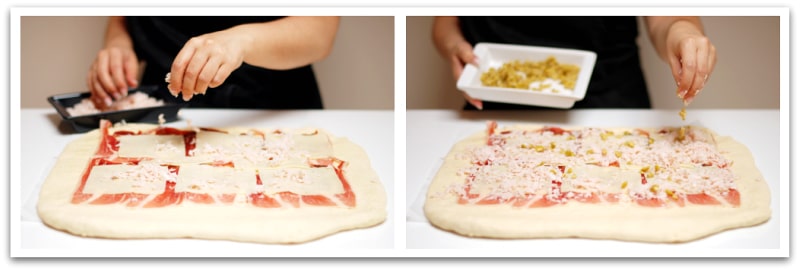 Cubre con el queso, jamón y aceitunas Cubre con el queso, jamón y aceitunas