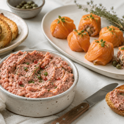 Paté picante de jamón y bombones de salmón