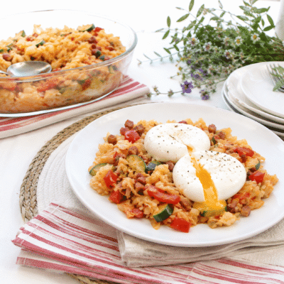 Repollo con calabacín, pimiento, bacon y huevos
