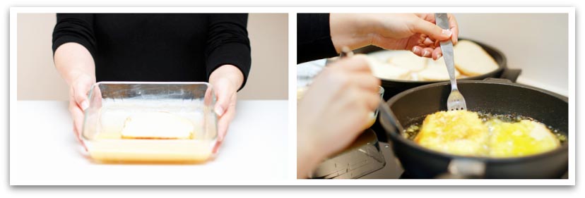 Ahora que están empapadas en leche, pasa por huevo batido y fríe Ahora que están empapadas en leche, pasa por huevo batido y fríe