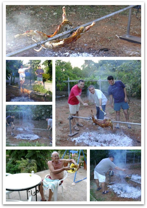 Toda la familia trabaja durante la barbacoa Toda la familia trabaja durante la barbacoa
