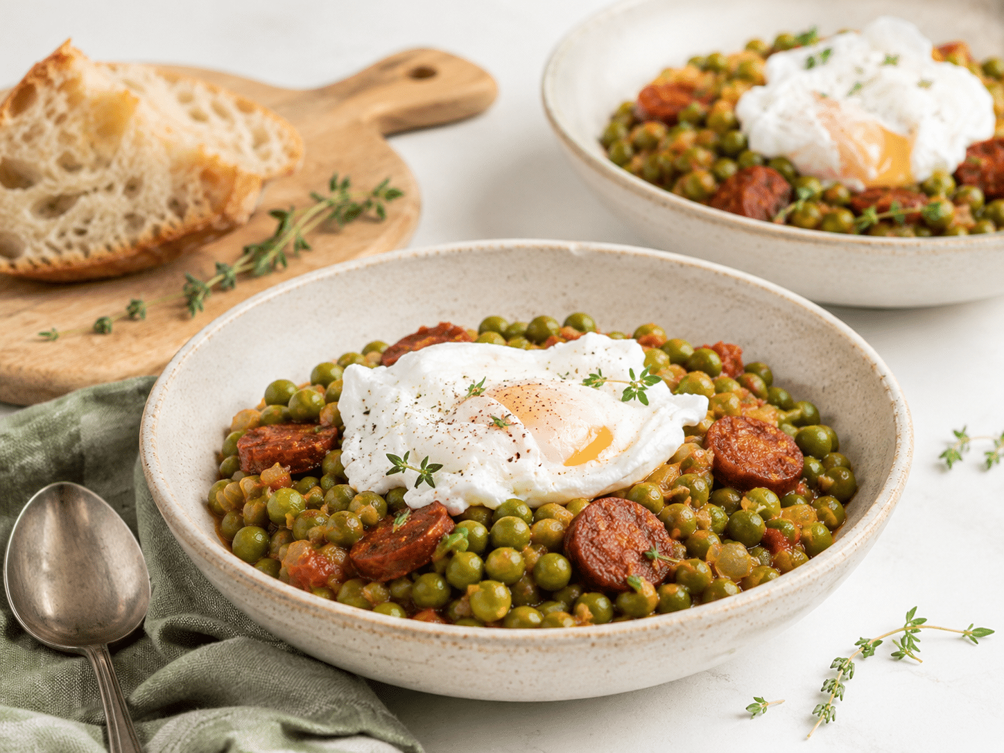 Guisantes con huevos escalfados