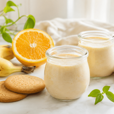 Yogur de plátano con naranja y galletas