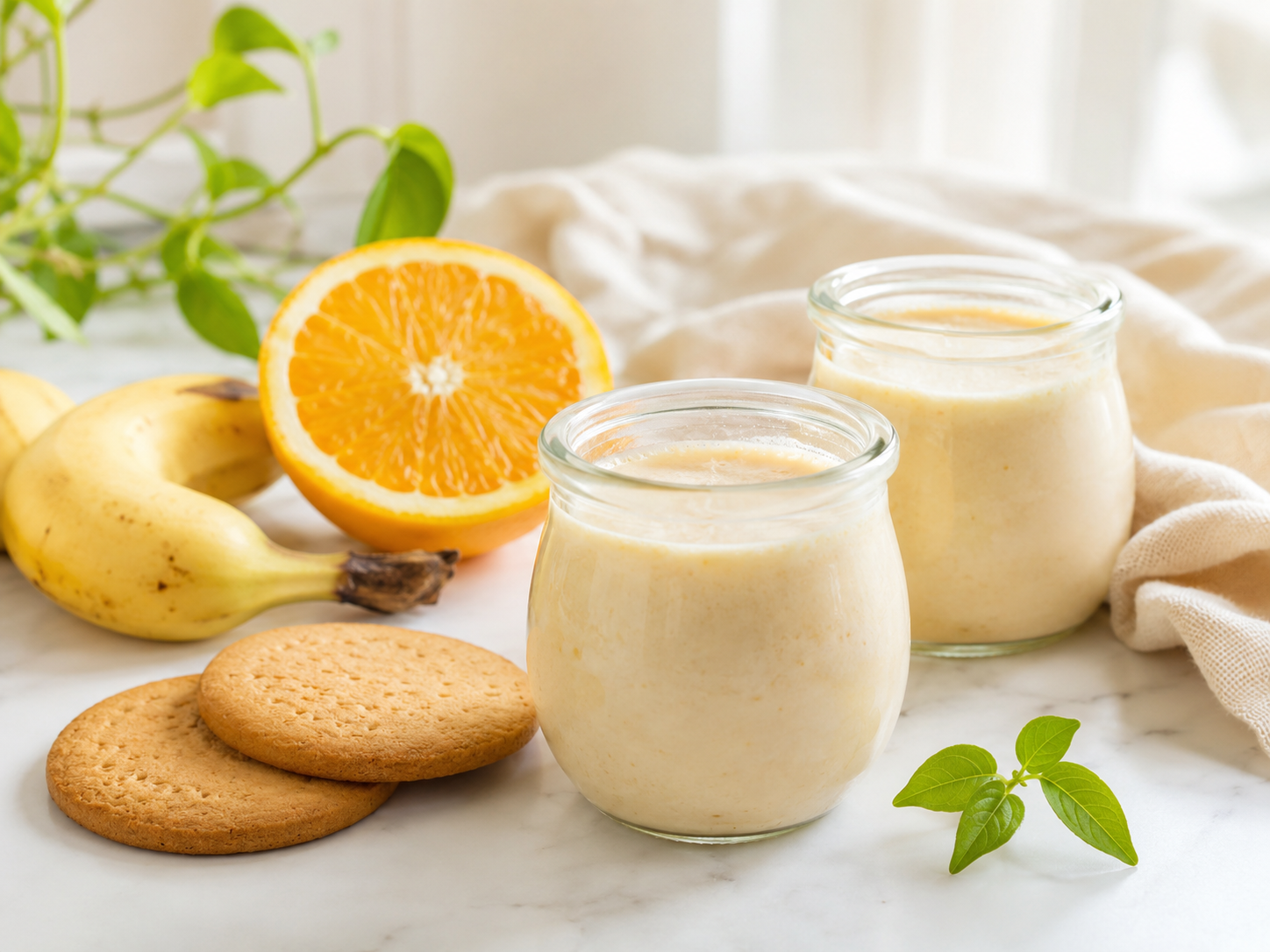 Yogur de plátano con naranja y galletas