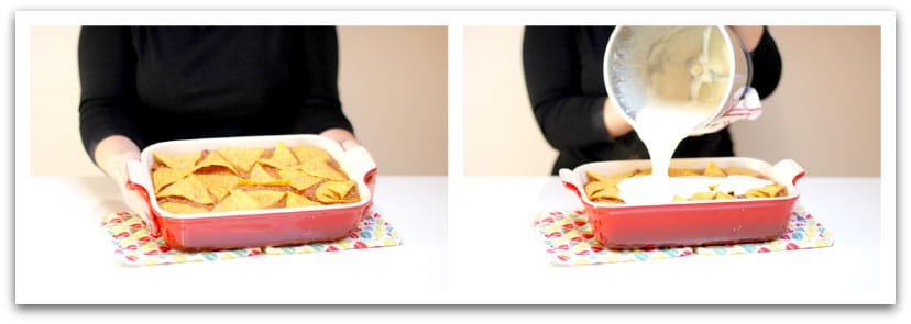 Pon la carne en la fuente luego los nachos y luego la bechamel Pon la carne en la fuente luego los nachos y luego la bechamel