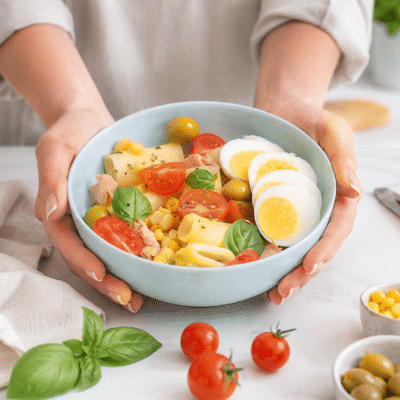 Ensalada de pasta, atún, huevo y maíz dulce