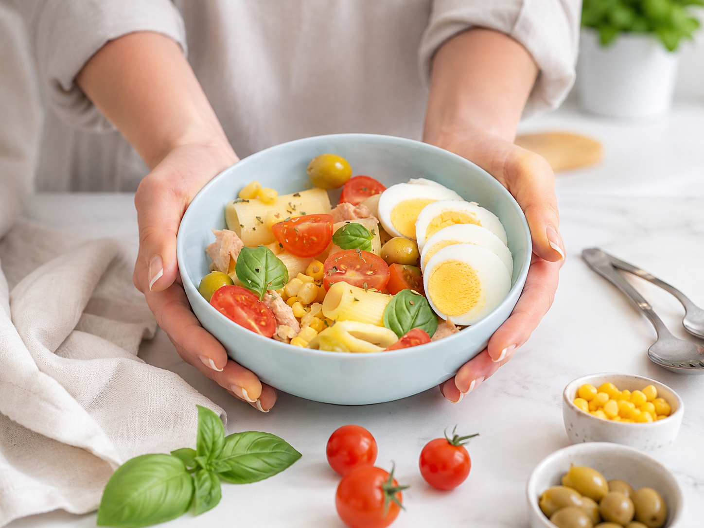Ensalada de pasta, atún, huevo y maíz dulce