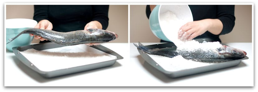 Cubre la base de la bandeja y el pescado con la sal