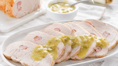Lomo mechado con salsa de puerros