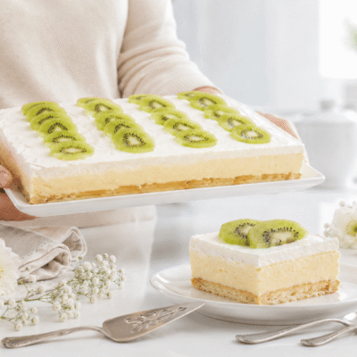 Tarta rápida de flan, nata y fruta
