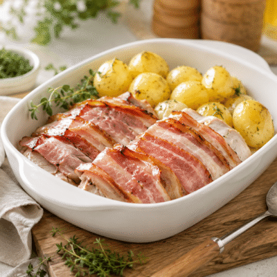 Pavo con bacon y patatas al vapor