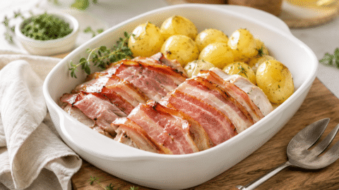 Pavo con bacon y patatas al vapor