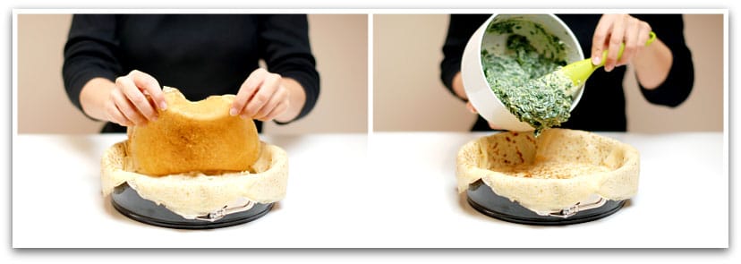 Timbal de crepês con pollo y espinacas