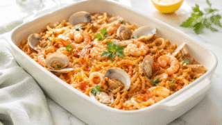 Fideuá de calamares con gambas y almejas