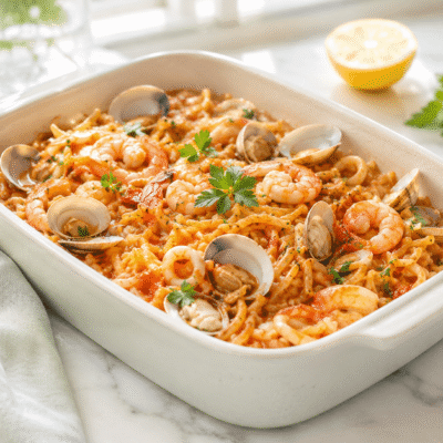 Fideuá de calamares con gambas y almejas