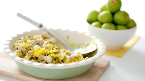 Arroz con azafrán, pavo y champiñones