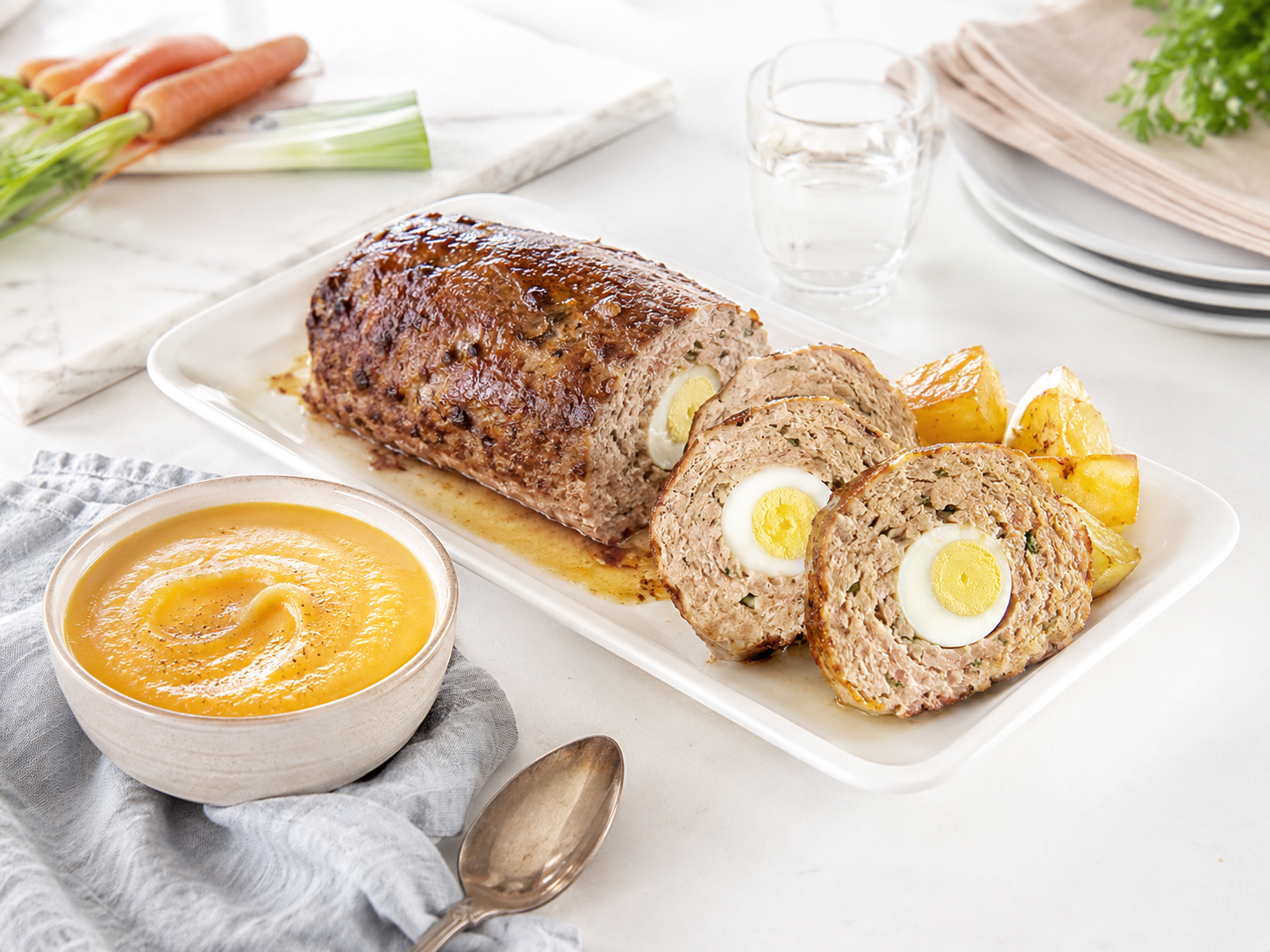 Rollo de carne y crema de zanahorias