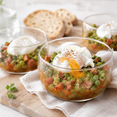 Guisantes con huevos escalfados