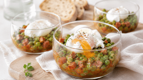 Guisantes con huevos escalfados