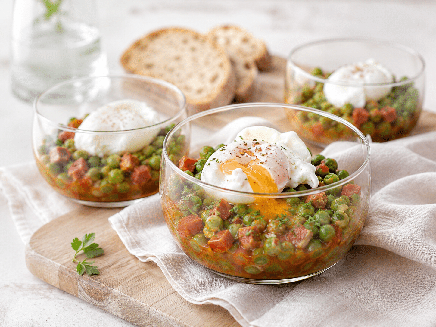 Guisantes con huevos escalfados