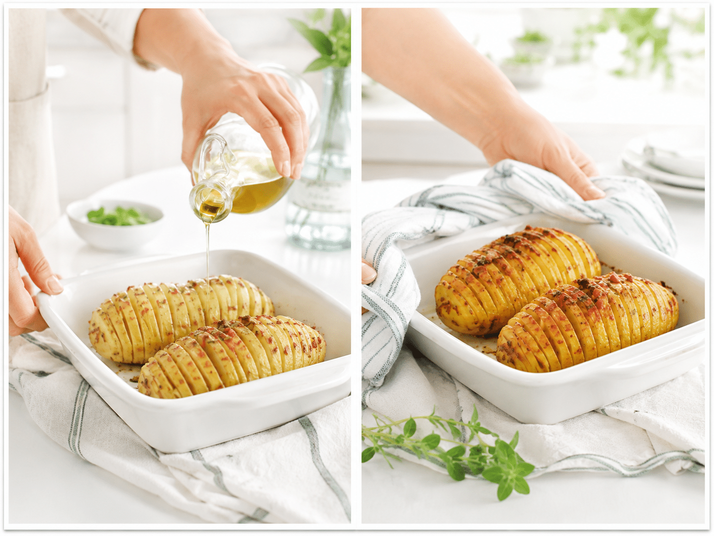 Patatas Hasselback antes y después de hornear Patatas hasselback