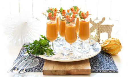 Crema de calabaza y langostinos
